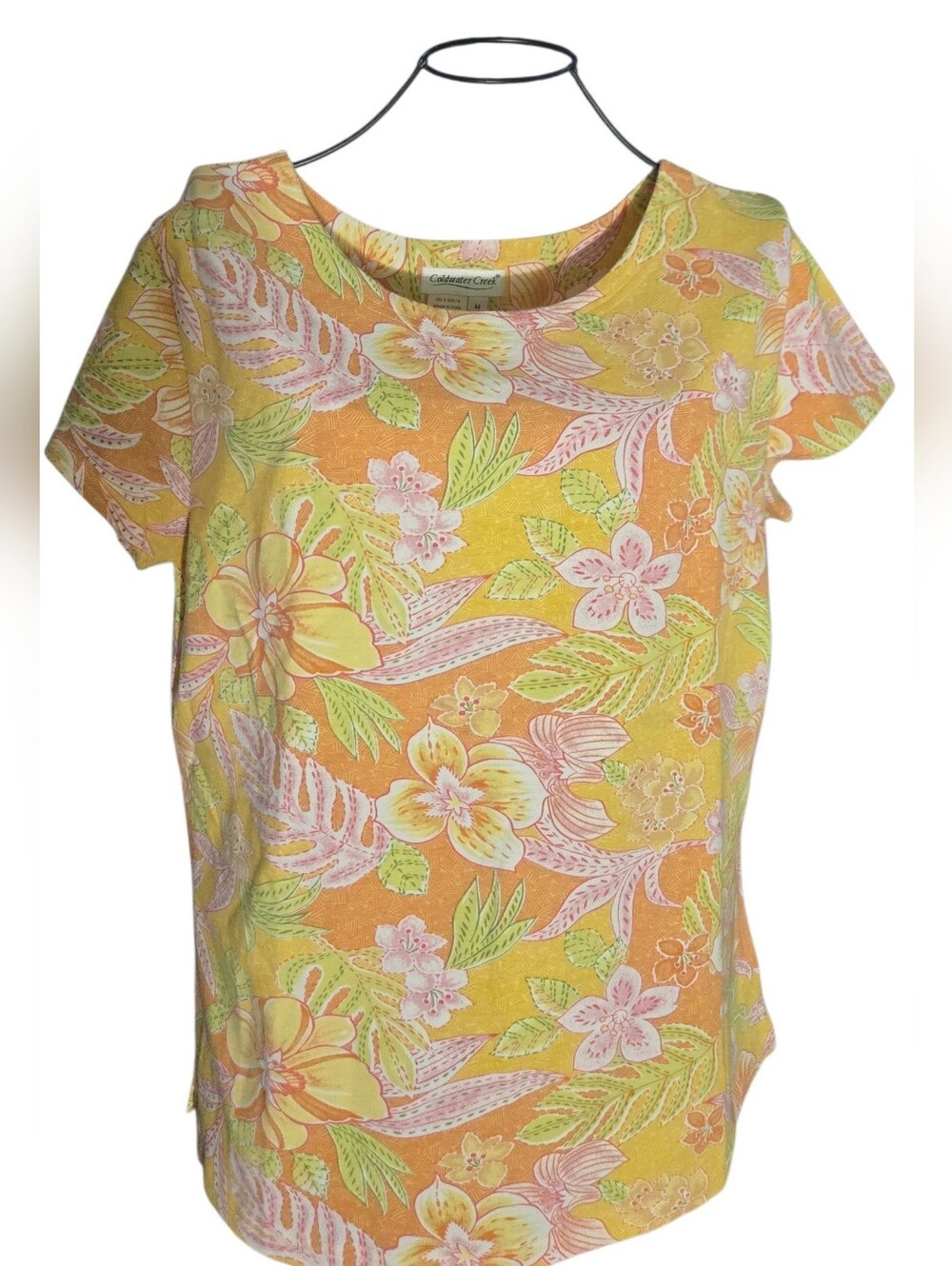 Cold Water Creek Yellow Floral Scoop-Neck Short Sleeve Tee Size Med NWT